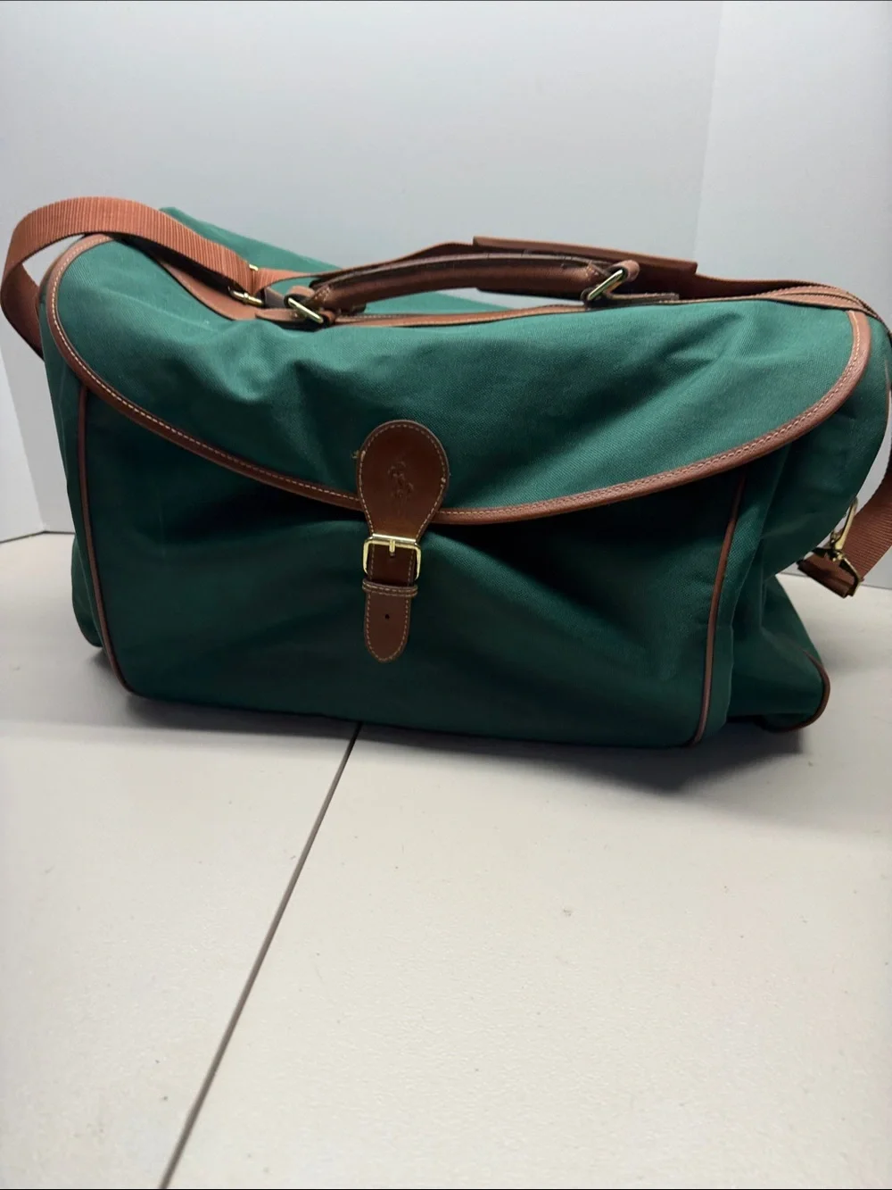 Ralph Lauren Green Canvas Messenger Bag with Brown Leather Trim.